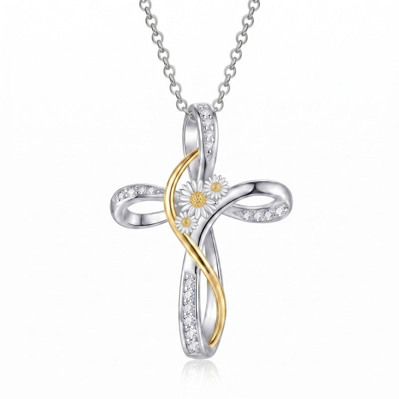 Sterling Silver Daisy Rose Plumeria Lotus Sunflower Cross Pendant Necklace for Women