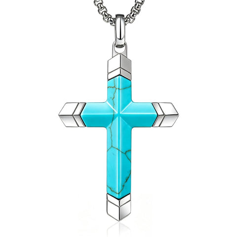 14K Gold Plated Turquoise Lapis Lazuli Cross Necklace for Men with Adjustable Chain