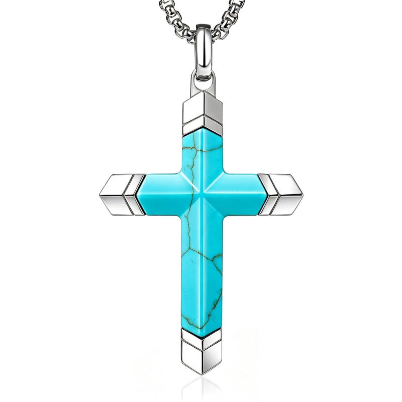 14K Gold Plated Turquoise Lapis Lazuli Cross Necklace for Men with Adjustable Chain