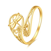 14k Yellow Gold Adjuatable Spoon Dragonfly Butterfly Hummingbird Animal Ring