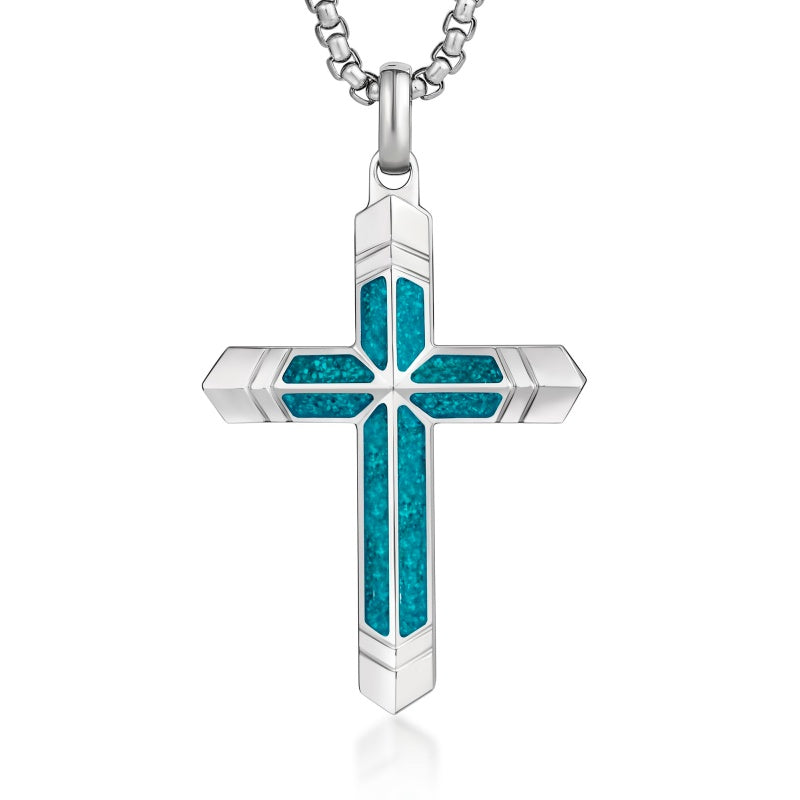 14K Gold Plated Turquoise Malachite Cross Necklace for Men Christianity Cross Jewelry