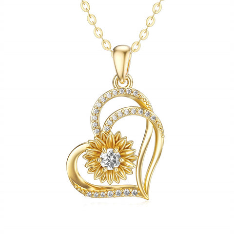 14K Gold Sunflower Heart Pendant Necklace