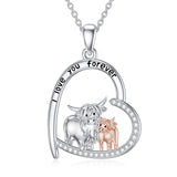 Sterling Silver Heart Highland Cow Pendant Necklace Engraved With I Love You forever