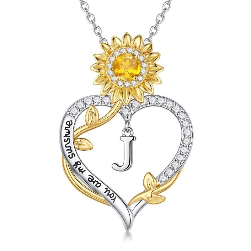 14K Gold Plated Initial Sunflower Pendant Necklace Engraved with You Are My Sunshine