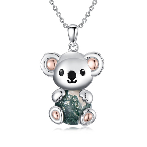 Sterling Silver Moss Agate Hippo Koala Elephant Teddy Bear Pendant Necklace