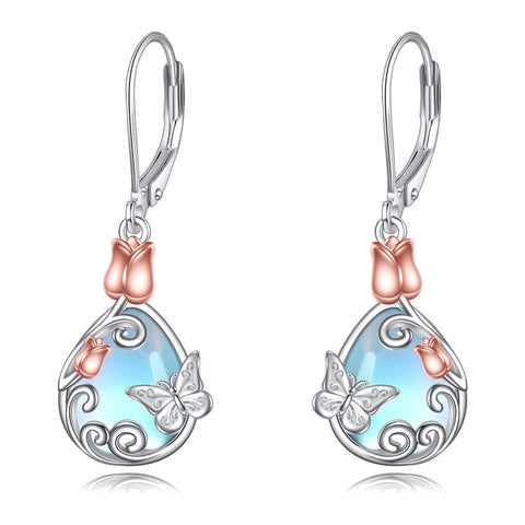 Sterling Silver Teardrop Quartz  Blue Sandstone Moonstone Turquoise Rose Filigree Leverback Earrings