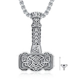 Thors Hammer Necklace 925 Sterling Silver Mjolnir Urn Necklace for Ashes Viking Norse Cremation Jewelry for Men Women