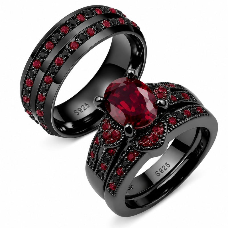 Sterling Silver 10K 14K 18K Gold Personalized Engraved  Halloween Dark Red Gemstone Couple Ring Set