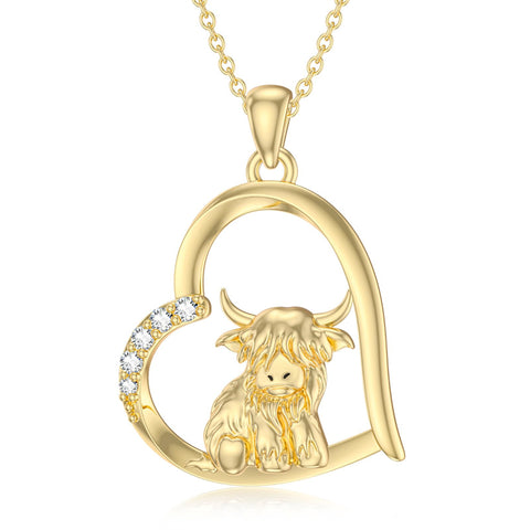 14K Gold Heart Highland Cow Pendant Necklace