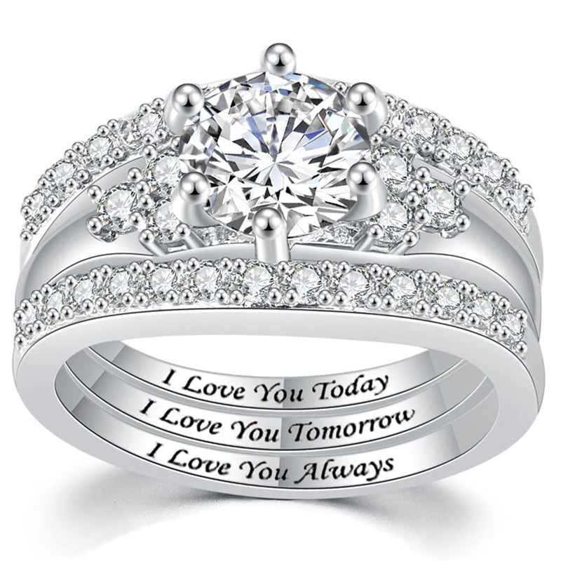 Copper Round Shaped Cubic Zirconia Three-in-One Eternity Engagement Wedding Band Ring Set