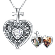 925 Sterling Silver Birthstone Vintage Cross Heart Shaped Photo PendantNecklace