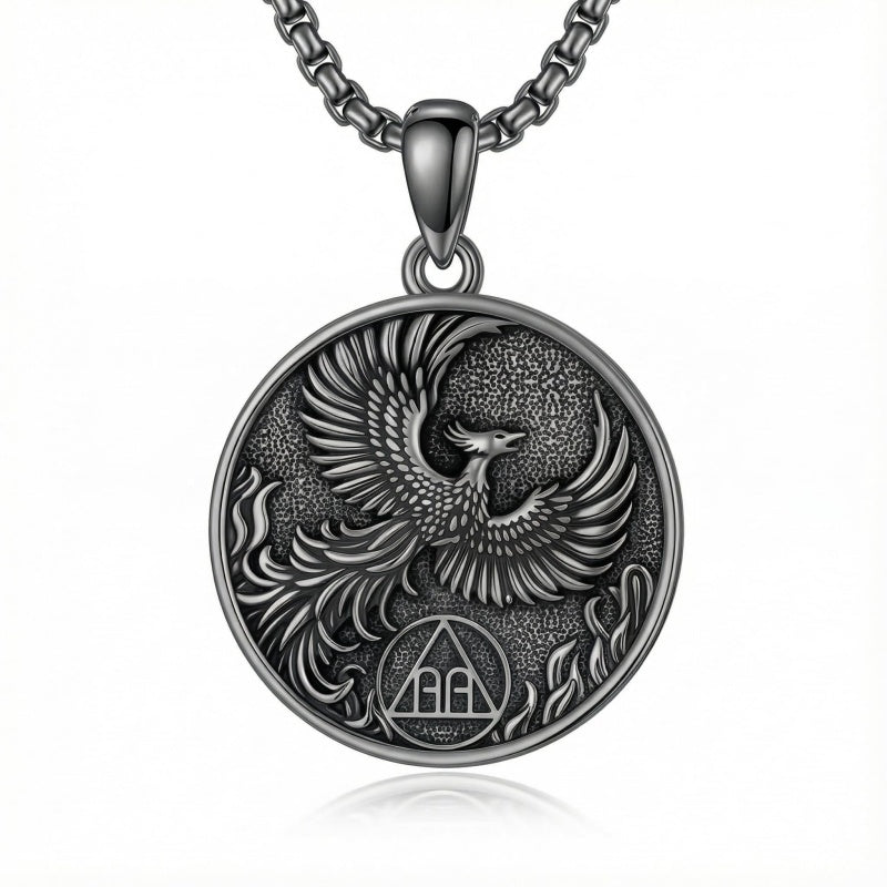 Sterling Silver Phoenix Rising Pendant Necklace NA/AA Sobriety Jewelry