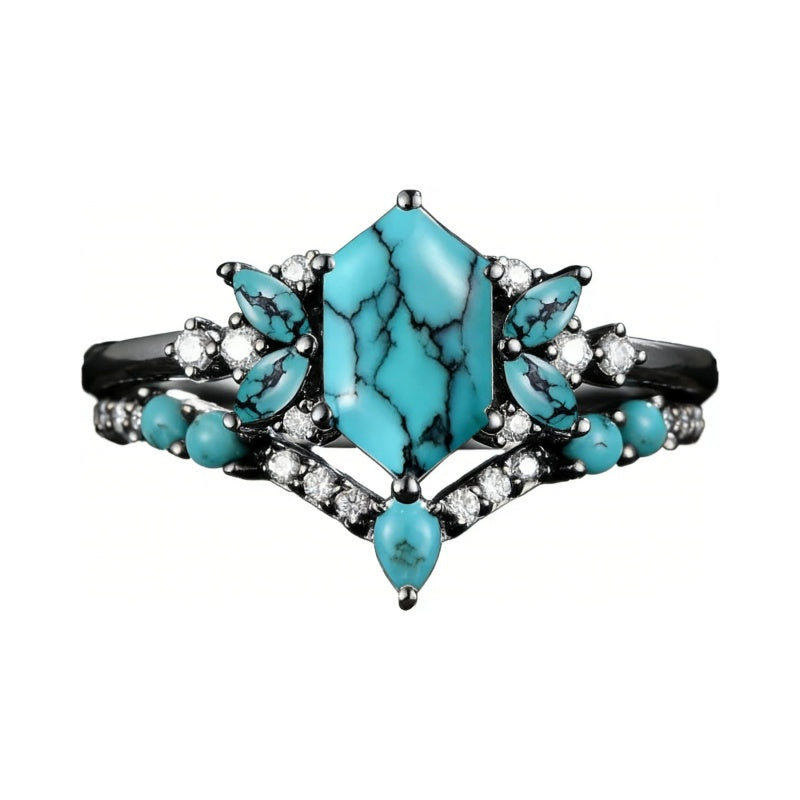 Sterling Silver 10K 14K 18K Gold Turquoise Engagement  Wedding Ring Set for Women