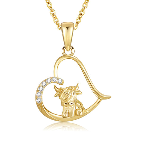 14K Gold Heart Highland Cow Pendant Necklace