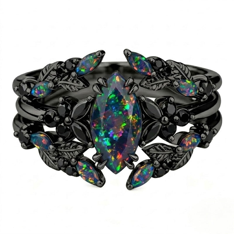 Sterling Silver 10K  14K  18K  Gold Personalized Engraved Black Opal Engagement Wedding Promise Ring for Her