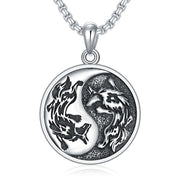 Sterling Silver Yin Yang Wolf Pendant Necklace