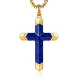 14K Gold Plated Turquoise Lapis Lazuli Cross Necklace for Men with Adjustable Chain