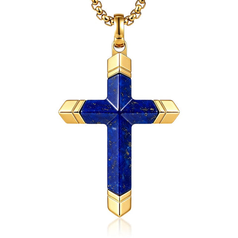 14K Gold Plated Turquoise Lapis Lazuli Cross Necklace for Men with Adjustable Chain