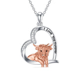 Sterling Silver Heart Highland Cow Pendant Necklace Engraved With I Love You forever