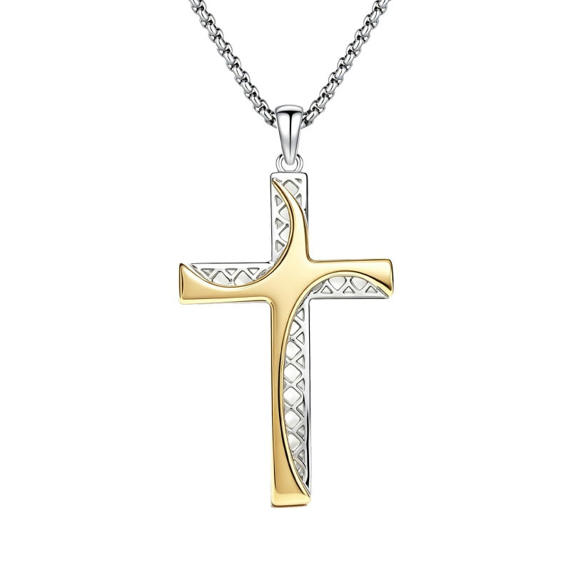14K Gold Plated Two Tone Cross Pendant Necklace Christian Jewelry Religious Gift