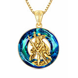 14K Gold Plated Blue Crystal Saint Protection Pendant Necklace Amulet Baptism Gift