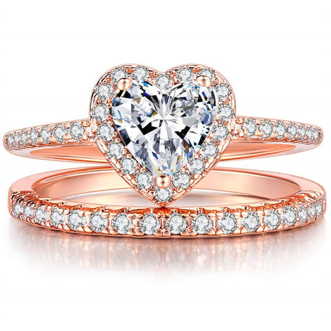 Copper Heart Shaped Cubic Zirconia Eternity Engagement Wedding Band Ring Set