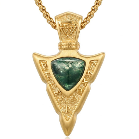 14K Gold Plated Moss Agate Turquoise Valknut Viking Arrow Head Pendant Necklace for Men
