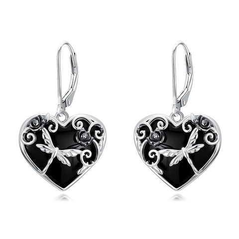 Sterling Silver Black Obsidian Snake Hummingbird Butterfly Dragonfly Leverback Earrings