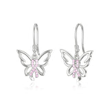 Sterling Silver Pink Ribbon Butterfly Breast Cancer Awareness Dangle Earrings