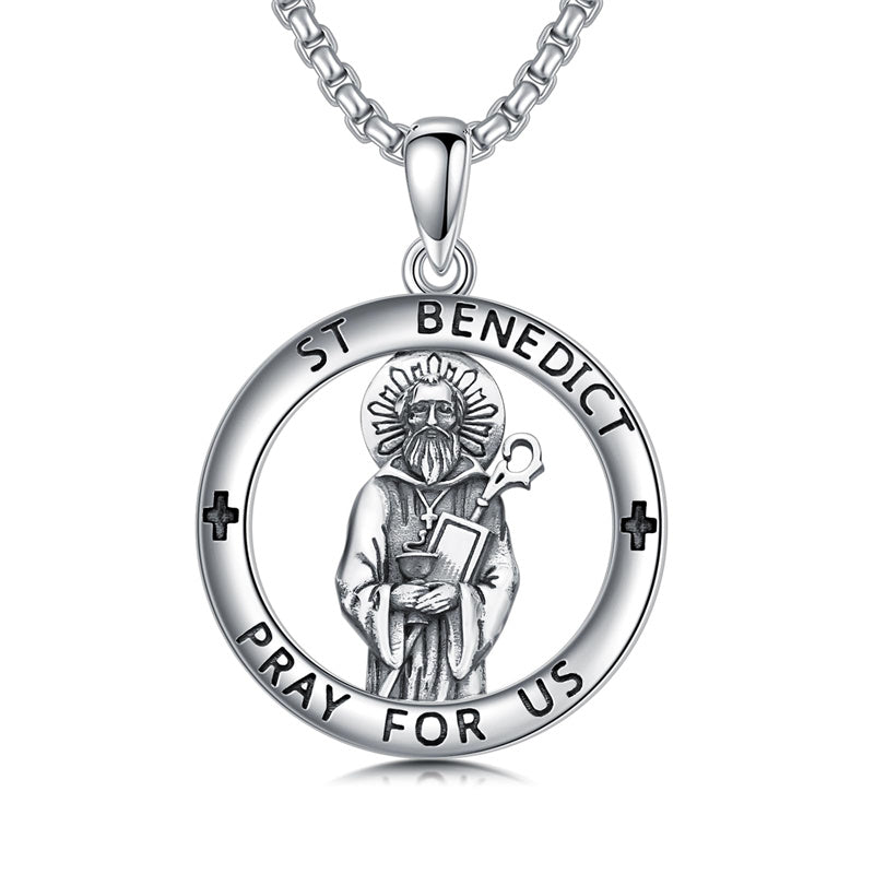 Sterling Silver Crown of Thorns Jesus St Benedict St Michael Pendant Necklace