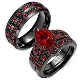 Sterling Silver 10K 14K 18K Gold Personalized Engraved  Halloween Dark Red Gemstone Couple Ring Set