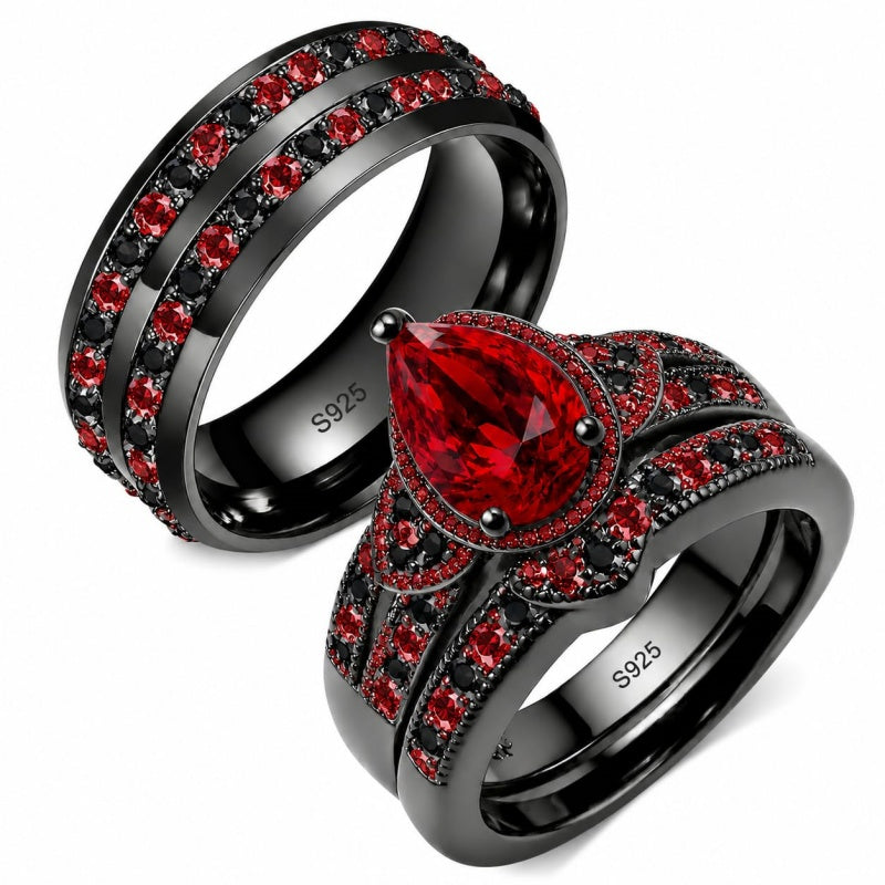 Sterling Silver 10K 14K 18K Gold Personalized Engraved  Halloween Dark Red Gemstone Couple Ring Set