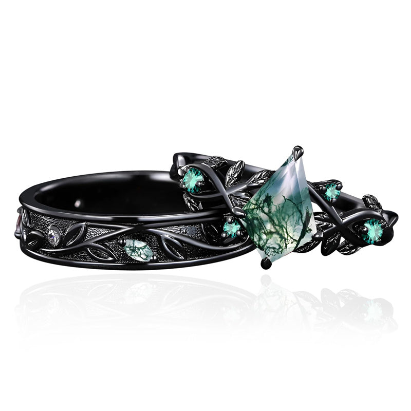 Sterling Silver 10K 14K 18K Gold Natural Leaf  Moss Agate Engagement Anniversary Couple Ring Sets