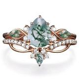 Sterling Silver 2CT Moss Agate  Engagement Wedding Ring Sets for Women