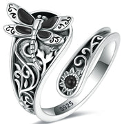 Sterling Silver  Oxidized Black Onyx Dragonfly Spoon Ring