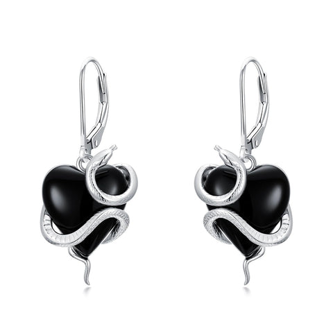 Sterling Silver Black Obsidian Snake Hummingbird Butterfly Dragonfly Leverback Earrings