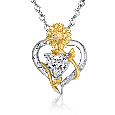 Sterling Sliver Birthstone Love Heart & Sunflower Pendant Necklace Engraved With You Are My Sunshine