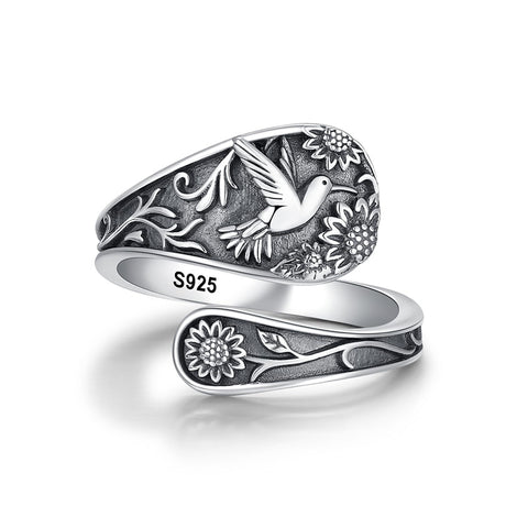 Sterling Silver Dragonfly Ring Butterfly Ring Hummingbird Spoon Ring Oxidized Animal Adjustable Ring for Women