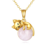 14K Yellow Gold Moonstone Rose Quartz  Cat Pendant Necklace