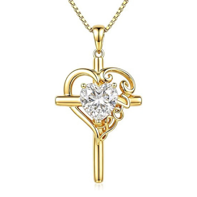 14K Gold  Plated Heart Shape Birthstone  Love Cross Necklace for Women Religious Jewelry