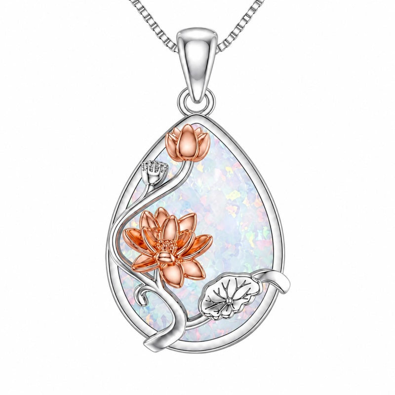 14K  White Gold Plated White Opal Flower Pendant Necklace Birthday Anniversary Jewelry Gifts for Women
