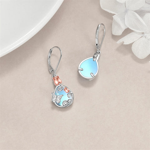 Sterling Silver Teardrop Quartz  Blue Sandstone Moonstone Turquoise Rose Filigree Leverback Earrings