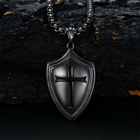 Sterling Silver Knights Templar & Cross Shield Pendant Necklace for Men