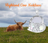 Sterling Silver White Shell Malachite Blue Opal  Abalone Shell Pink Opal Highland Cow Pendant Necklace