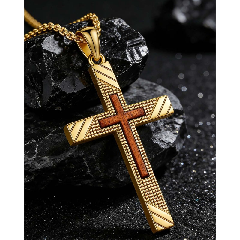 14K Gold Plated Wooden Cross Pendant Necklace Christian Catholic Jewelry Religious Gift