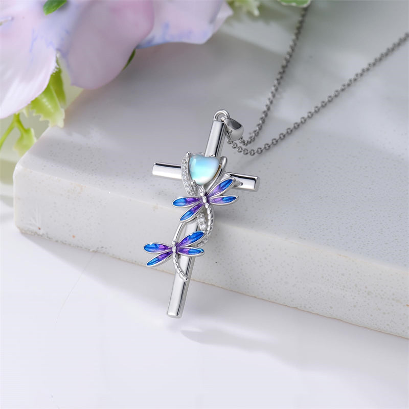 Sterling Silver Cross Moonstone Dragonfly Butterfly Bee Hummingbird Ladybug Pendant  Necklace for Women
