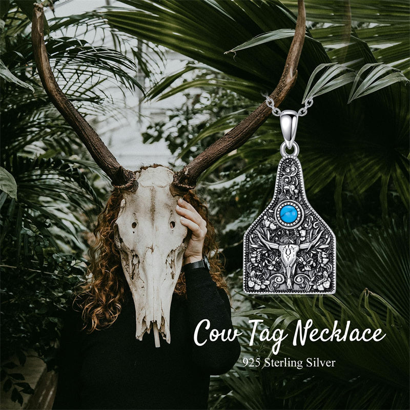Sterling Silver Turquoise Longhorn Cow Tag Pendant Necklace