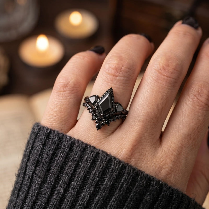 Sterling Silver 10K  14K  18K Gold 1CT-4CT Black Onyx Engagement Ring Gothic Wedding Promise Ring