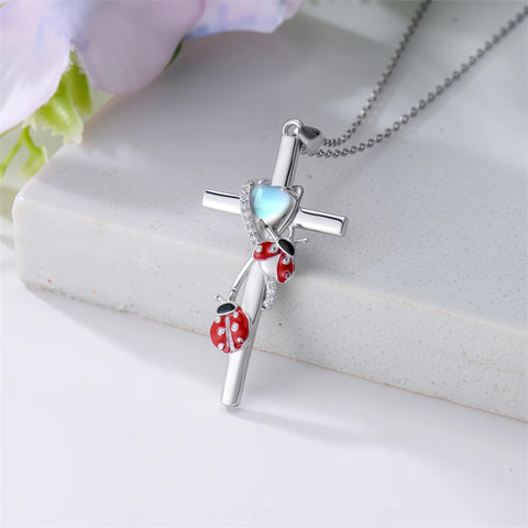 Sterling Silver Cross Moonstone Dragonfly Butterfly Bee Hummingbird Ladybug Pendant  Necklace for Women