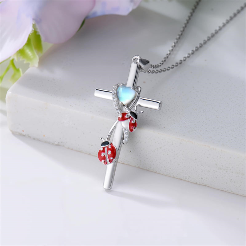 Sterling Silver Cross Moonstone Dragonfly Butterfly Bee Hummingbird Ladybug Pendant  Necklace for Women